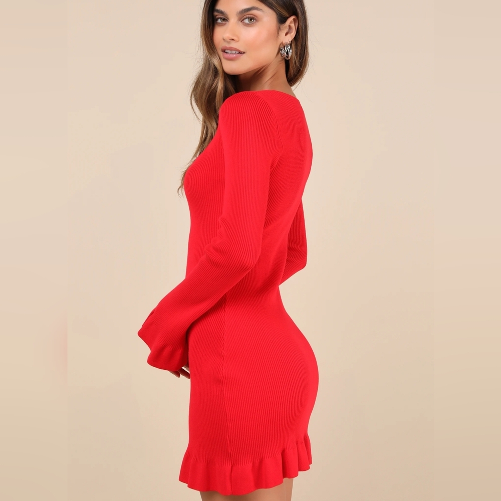 Lulus Cozy Outlook Red Long Sleeve Sweater Mini Dress sz Medium - Picture 3 of 6